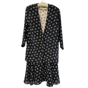 WE PETITES Jacket Dress Set Floral Flare Skirt Black White Size 6